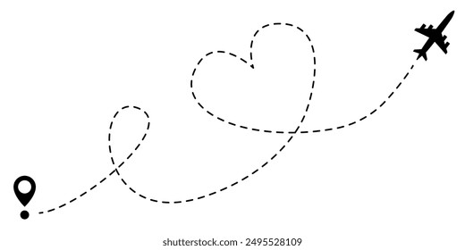 Plane route with heart vector illustration. Love trip icon. Romantic travel symbol. Honeymoon journey sign. Airplane with dashed or dotted route trace. Flight track heart shaped isolated.