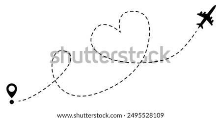 Plane route with heart vector illustration. Love trip icon. Romantic travel symbol. Honeymoon journey sign. Airplane with dashed or dotted route trace. Flight track heart shaped isolated.