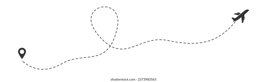 Plane route line. Airplane with dashed trace and map pin at start. Various aircrafts and destination pins icons. Editable stroke path.