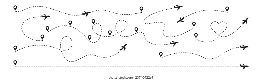 Plane route line. Airplane with dashed trace and map pin at start. Various aircrafts and destination pins icons. Editable stroke path.