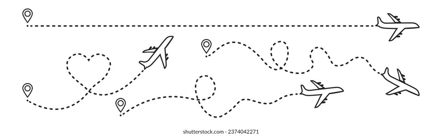 Línea de ruta del avión. Avión con trazos discontinuos y pin de mapa al inicio. Varios iconos de aviones y pines de destino. Ruta de trazo editable.