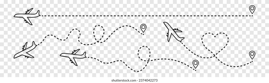 Plane route line. Airplane with dashed trace and map pin at start. Various aircrafts and destination pins icons. Editable stroke path.