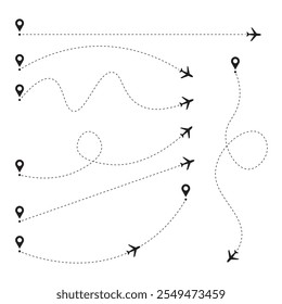 Linha de rota do plano. Avião com traço tracejado e pino de mapa no início. Conjunto de vetores infográficos. 