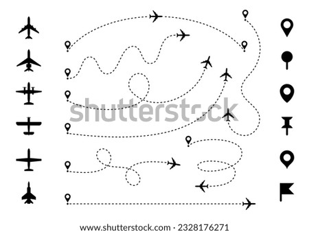 Plane route line. Airplane with dashed trace and map pin at start. Various aircrafts and destination pins icons. Editable stroke path. Infographic vector set. Transport navigation, arrival location