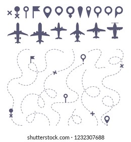 Plane Route Line. Planes Dotted Line Trail Directions, Flight Pathway Direction Map Builder And Airplane. Dot Dashes Travel Flights Destination Track Isolated Icons Vector Set