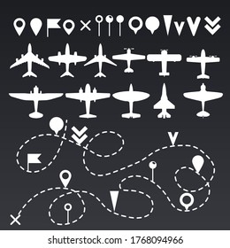 Plane route line. Planes dotted line trail directions, flight pathway direction map builder and airplane. Vector illustration