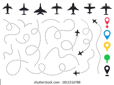 Plane Route Line. Planes Dotted Flight Pathway, Travel Destination Airplane Track, Planes And Traveling Routes Vector Illustration Icons Set. Dashed Trace Or Line Trail, Map Pins For Location