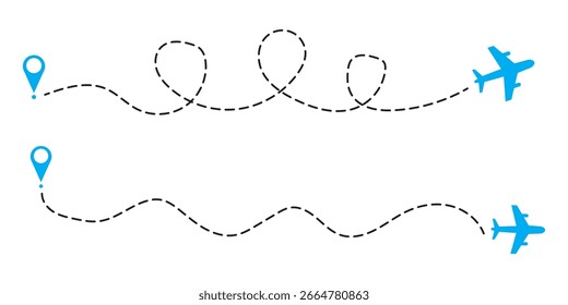 Plane route line. Planes dotted flight pathway, travel destination airplane track, planes and traveling routes vector illustration icons set. Dashed trace or line trail, map pins for 