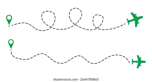 Plane route line. Planes dotted flight pathway, travel destination airplane track, planes and traveling routes vector illustration icons set. Dashed trace or line trail, map pins for 