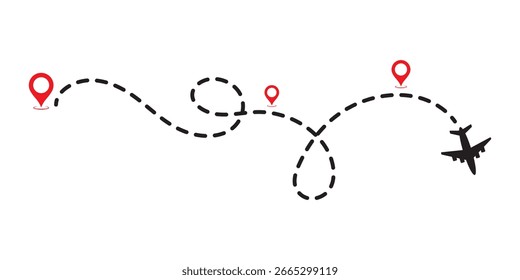 Seguir Líneas de ruta de avión de seguimiento de aeronaves, pines de ubicación, aviones, viajes, pines de mapa. icono de avión desde el punto de inicio hasta el final por línea discontinua. eps 10