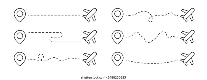 Plane route map set isolated on white background vector illustration