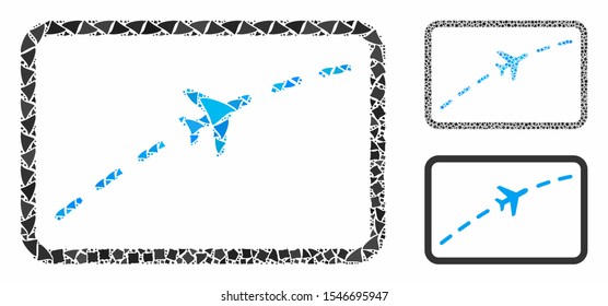 Plane route mosaic of ragged items in different sizes and shades, based on plane route icon. Vector rough items are composed into collage. Plane route icons collage with dotted pattern.