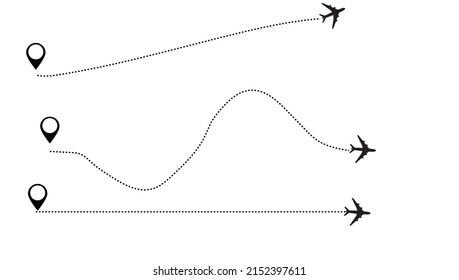 Plane route set. Travel plane tracking, map pin, location pin. Vector illustration.