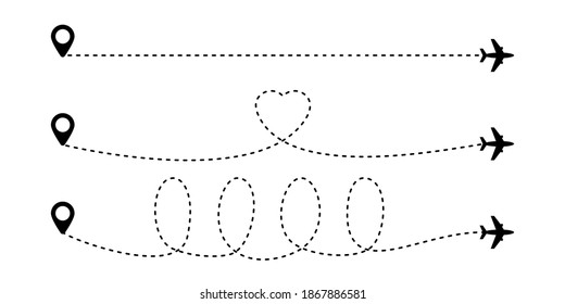 Plane route vector icon illustration. Airplane path on map. Jet way isolated white background. Route from airport to destination. Love to travel concept.