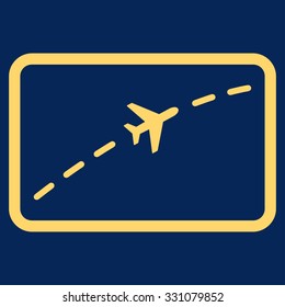 Plane Route vector icon. Style is flat yellow symbol, rounded angles, blue background.