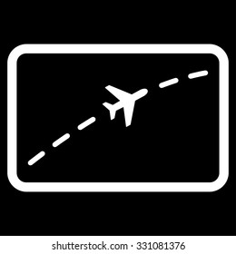 Plane Route vector icon. Style is flat white symbol, rounded angles, black background.