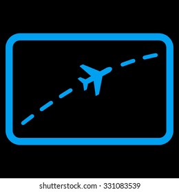 Plane Route vector icon. Style is flat blue symbol, rounded angles, black background.