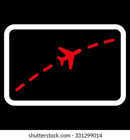 Plane Route vector icon. Style is flat bicolor red and white symbol, rounded angles, black background.