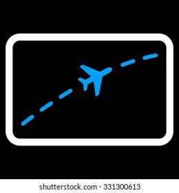 Plane Route vector icon. Style is flat bicolor blue and white symbol, rounded angles, black background.