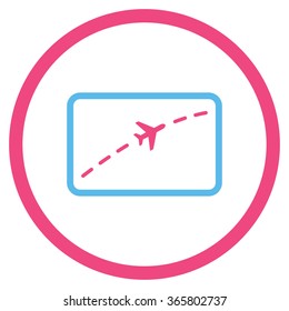 Plane Route vector icon. Style is bicolor flat circled symbol, pink and blue colors, rounded angles, white background.