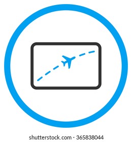 Plane Route vector icon. Style is bicolor flat circled symbol, blue and gray colors, rounded angles, white background.