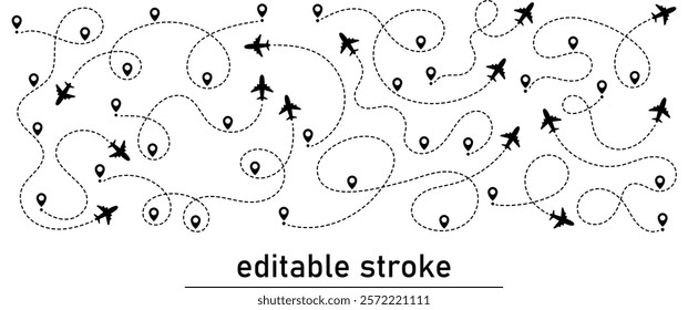 Plane routes with dashed line. Trajectory of aeroplane flight. Editable Stroke. Route icon. Map location pointer. Location, pin, gps, road maps