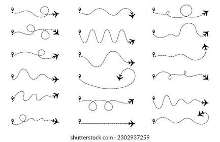 Plane routes and dotted paths. Aircraft travel route, start point and flight destination. Black airplane silhouette and way, map or tourism decent vector graphic