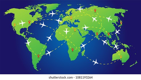 Plane routes over world map with markers or map pointers, Travel by airplane concept, Vector illustration, Elements of this image furnished by NASA.