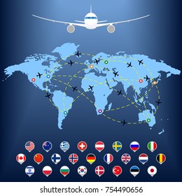 Plane routes over world map with markers or map pointers. Travel by airplane concept. Flight path. Vector illustration.