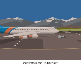 A plane in runway and Cargo Tractor