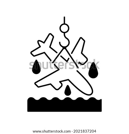 Plane salvage black linear icon. Emergency evacuation. Sea rescue boat. Waterborne support. Marine salvage industry. Pollution prevention. Outline symbol on white space. Vector isolated illustration