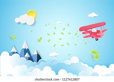 Plane scatter dollar money  in the sky with concept business and finance,Paper art idea and digital craft.