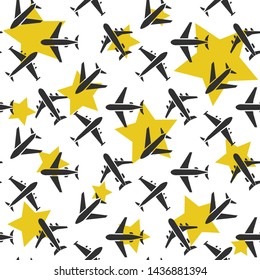 Plane seamless pattern  isolated on a white  backgroundwith yellow stars   flat style.Airplane silhouette,model plane.Fly and jet  collection