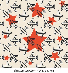 Plane seamless pattern  isolated on a red stars  background  flat  style.Airplane silhouette,model plane.Fly and jet  collection