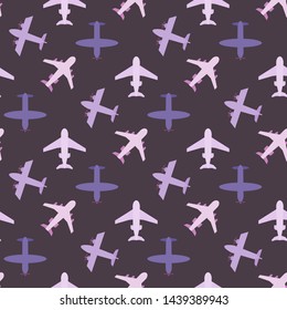 Plane seamless pattern  isolated on a purple  background  thin flat style.Airplane silhouette,model plane.Fly and jet  collection