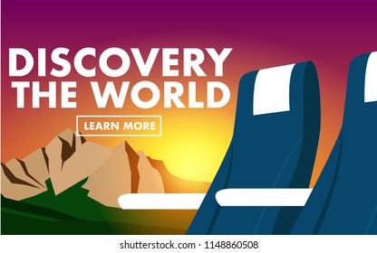 Plane seat with background view of mountain range and sunshine be hide the mountain range with text"Discovery the world"