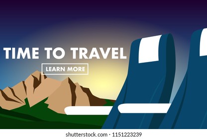 Plane seat with background view of mountain range and sunshine be hide the mountain range with text"time to travel"