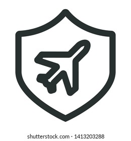 plane in security shield - minimal line web icon. simple vector illustration. concept for infographic, website or app.