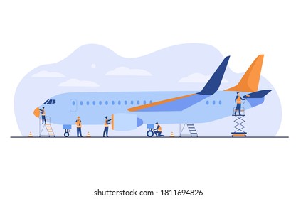 Plane service isolated flat vector illustration. Cartoon mechanics repairing airplane before flight or adding fuel. Aircraft maintenance and aviation concept