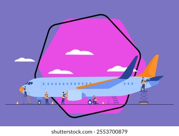 Plane service isolated flat vector illustration. Cartoon mechanics repairing airplane before flight or adding fuel. Aircraft maintenance and aviation concept