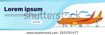 Plane service isolated flat vector illustration. Cartoon mechanics repairing airplane before flight or adding fuel. Aircraft maintenance and aviation concept