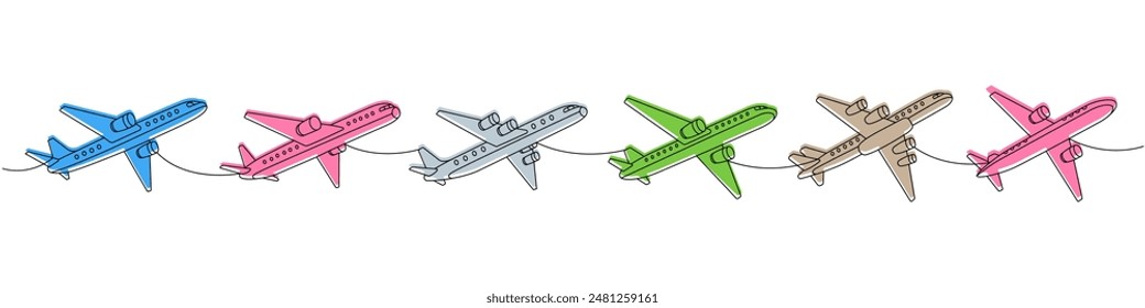 Plane set. Air transport one line colored continuous drawing. Passenger airplanes continuous one line illustration. Vector minimalist illustration