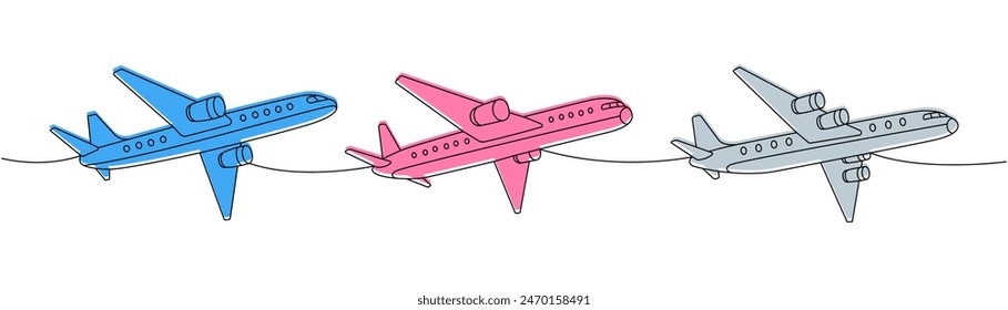 Plane set. Passenger airplanes one line colored continuous drawing. Different air transport continuous one line illustration. Vector illustration