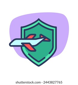 Icono de línea delgada de plano en escudo. Seguridad, viaje y viaje. Concepto de transporte y seguro de viaje. Elemento de símbolo de ilustración vectorial para diseño web y aplicaciones