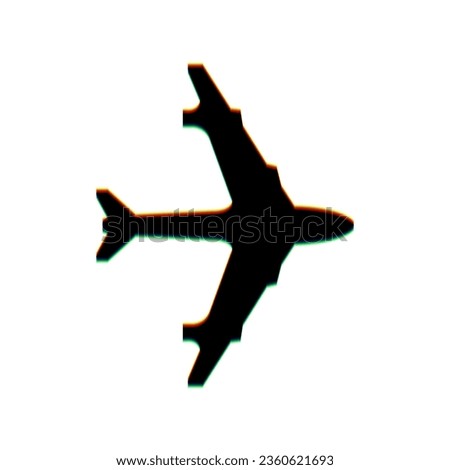 Plane sign. Black Icon with vertical effect of color edge aberration at white background. Illustration.