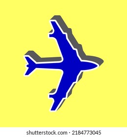 Plane sign. Blue Icon with white stroke in 3d at yellow Background. Illustration.