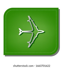 Plane sign. Silver gradient line icon with dark green shadow at ecological patched green leaf. Illustration.