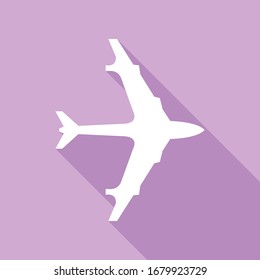 Signo del avión. Icono blanco con una larga sombra en fondo morado.  Ilustración.