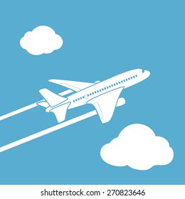 Plane silhouette against the sky with clouds. Vector image.
