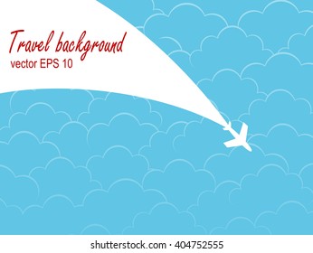 Plane silhouette against the sky with clouds.  Travel concept .Vector image.